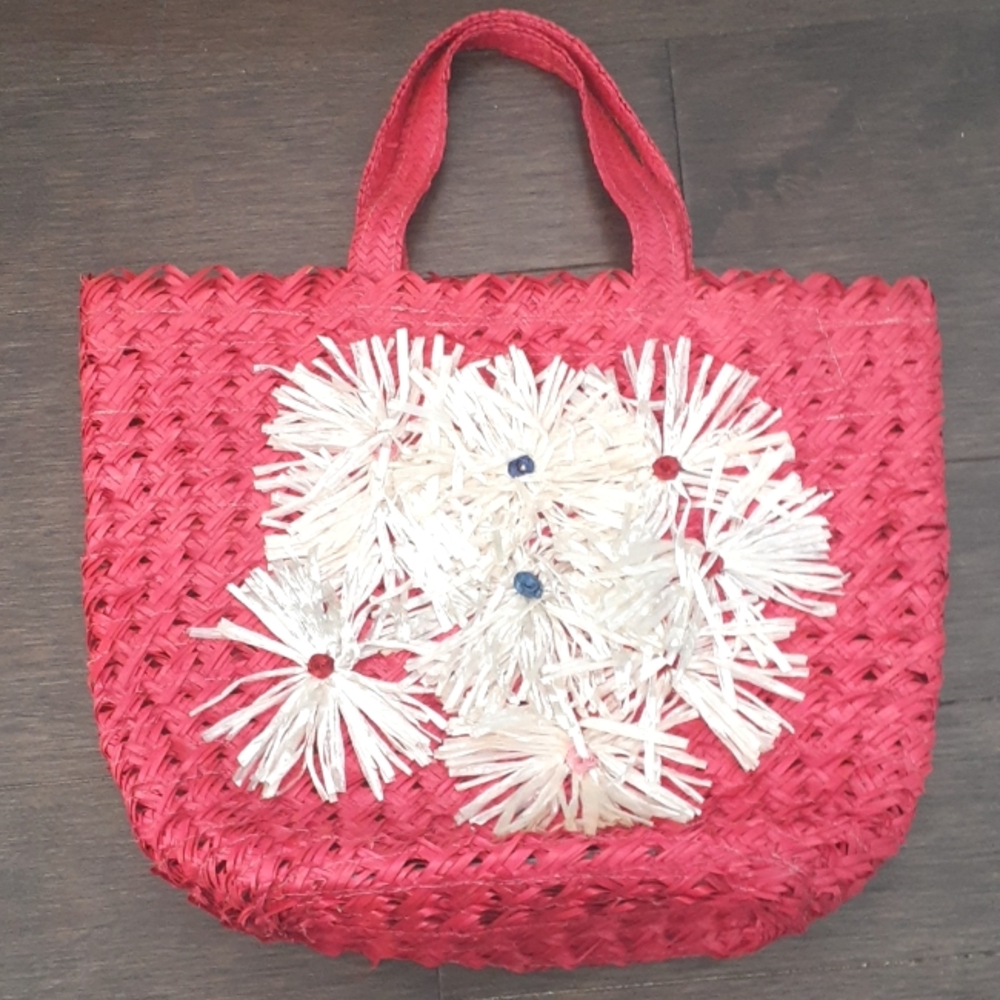 + Vintage red straw tote bag with floral accents